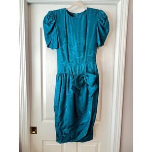 VTG 1980's 100% Silk Aqua Green Belted Padded Shoulders Dress‎ R&K Small XS Sz 4